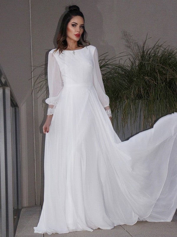 A-Line/Princess Chiffon Ruffles Long Sleeves Scoop Sweep/Brush Train Wedding Dresses DFP0006511