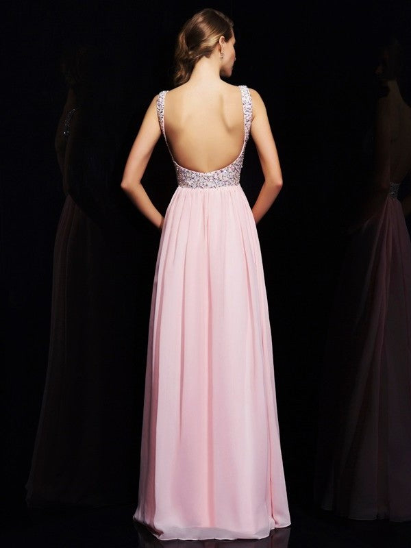 A-Line/Princess Sleeveless V-neck Beading Long Chiffon Dresses DFP0003163