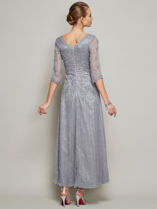 Sheath/Column V-neck 1/2 Sleeves Beading Long Elastic Woven Satin Mother of the Bride Dresses DFP0007080