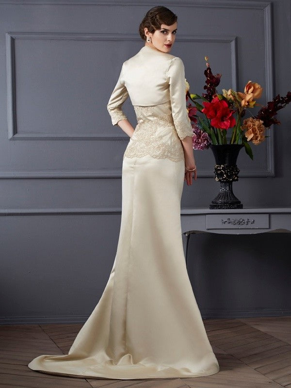 Trumpet/Mermaid Strapless Sleeveless Applique Long Satin Mother of the Bride Dresses DFP0007356