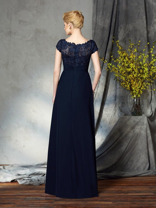 A-Line/Princess Bateau Applique Short Sleeves Long Chiffon Mother of the Bride Dresses DFP0007264