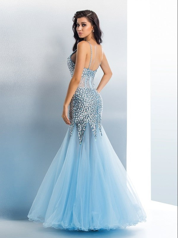 Trumpet/Mermaid Spaghetti Straps Sequin Sleeveless Long Tulle Dresses DFP0002358