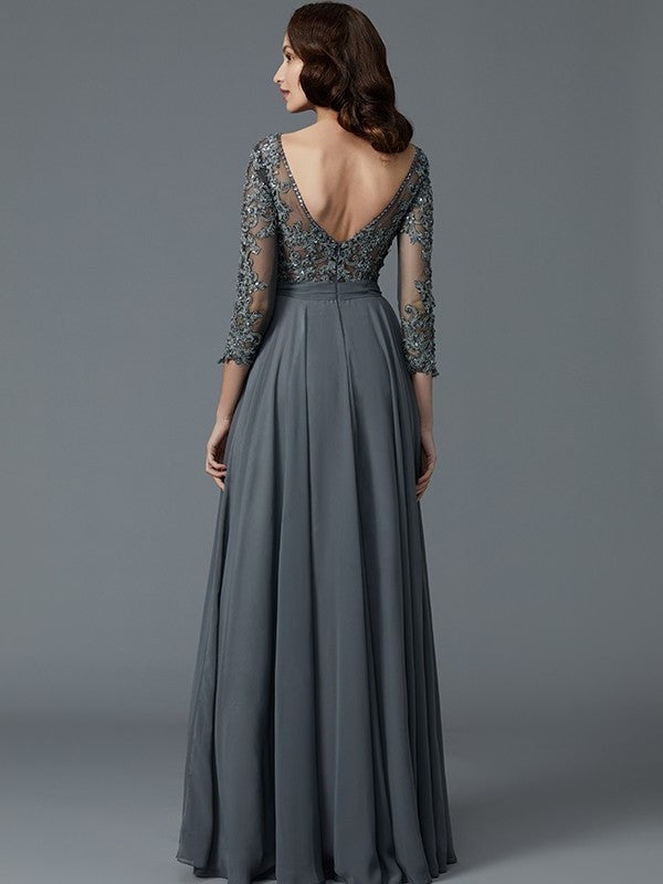 A-Line/Princess 3/4 Sleeves Bateau Floor-Length Chiffon Mother of the Bride Dresses DFP0007092