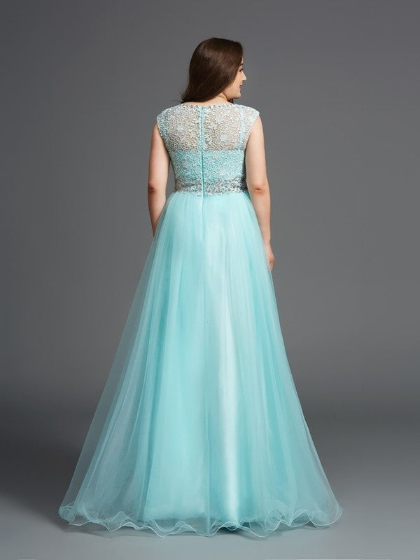 A-Line/Princess Scoop Rhinestone Sleeveless Long Tulle Plus Size Dresses DFP0002521