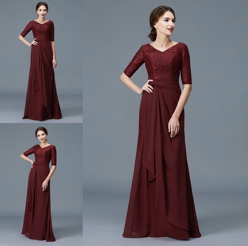 A-Line/Princess V-neck 1/2 Sleeves Ruffles Chiffon Floor-Length Mother of the Bride Dresses DFP0007046