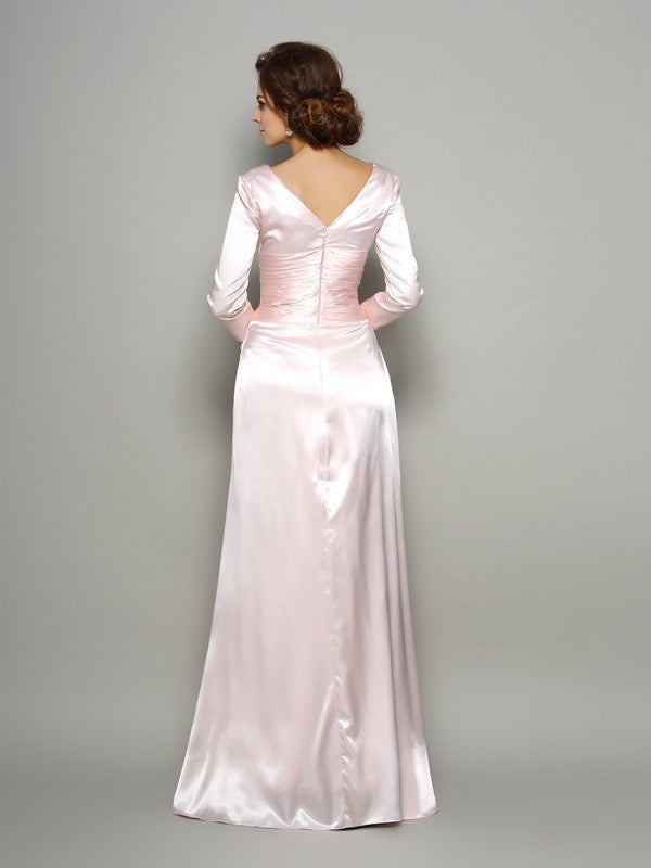 A-Line/Princess V-neck Ruched Long Sleeves Long Silk like Satin Mother of the Bride Dresses DFP0007340