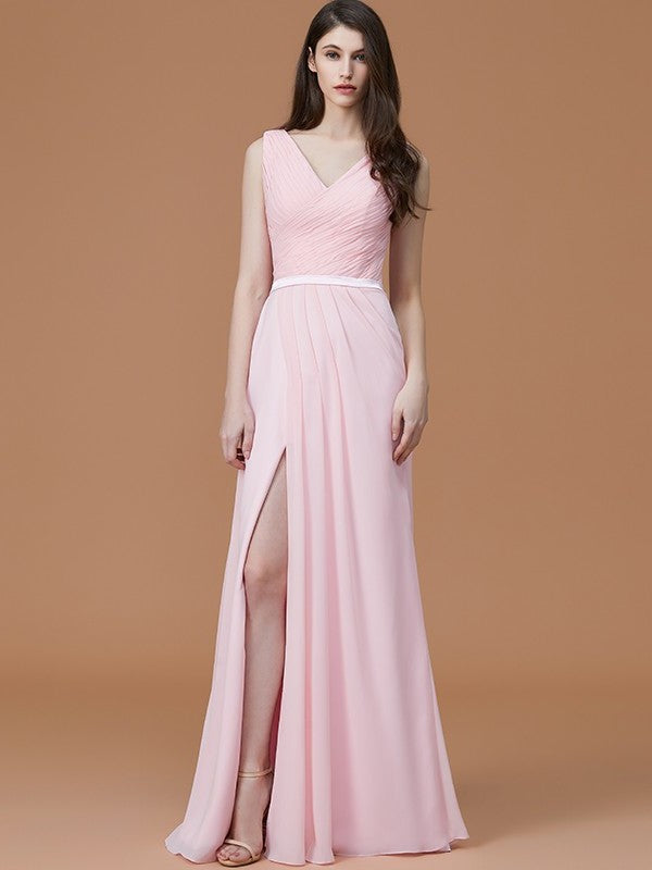 A-Line/Princess V-neck Sleeveless Floor-Length Ruched Chiffon Bridesmaid Dresses DFP0005284