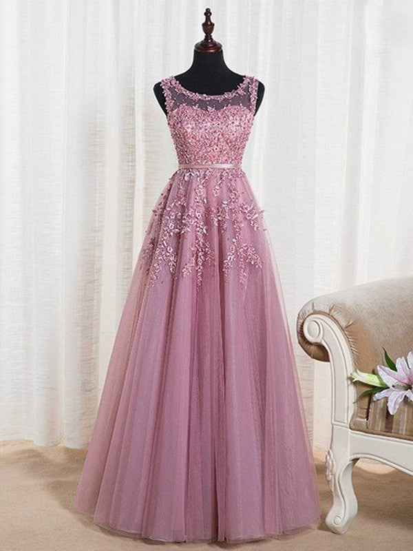 A-Line/Princess Sleeveless Scoop Floor-Length Tulle Beading Dresses DFP0001992