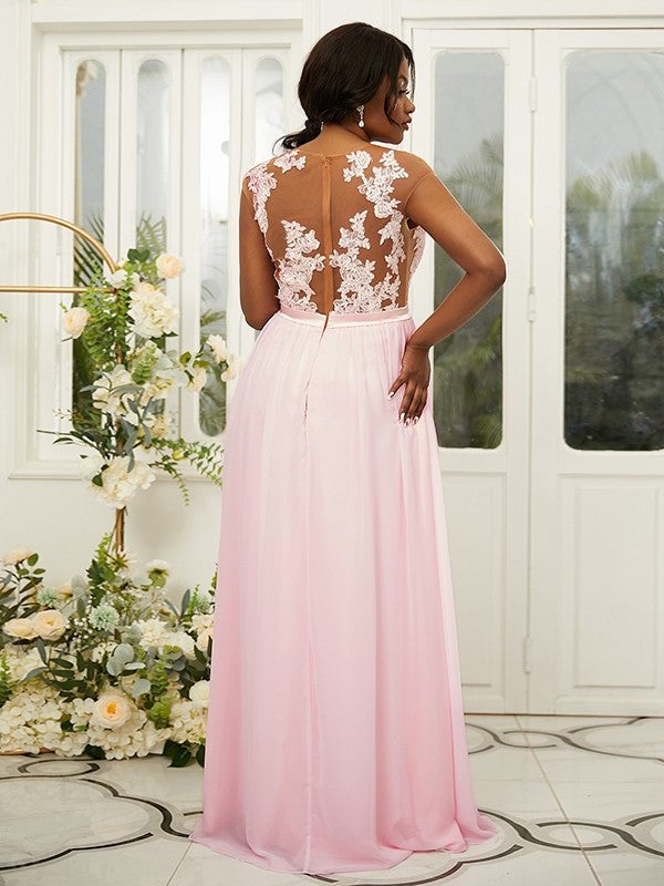 A-Line/Princess Chiffon Applique Scoop Sleeveless Floor-Length Bridesmaid Dresses DFP0004918