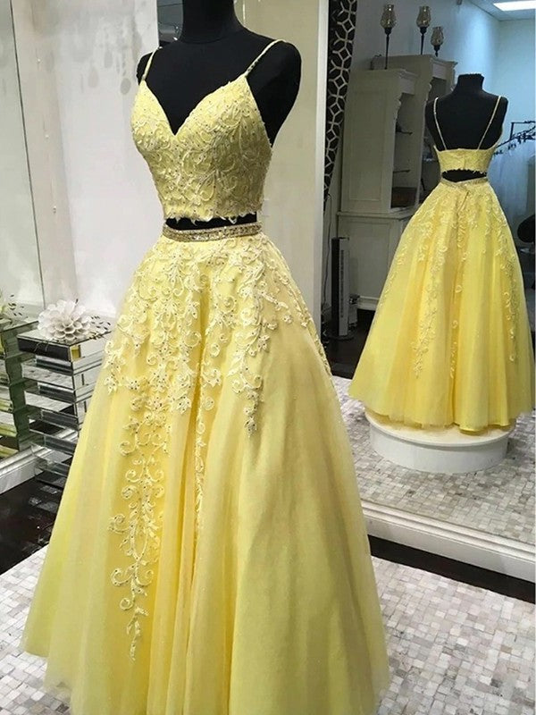 A-Line/Princess Tulle Applique Sleeveless V-neck Floor-Length Two Piece Dresses DFP0001872