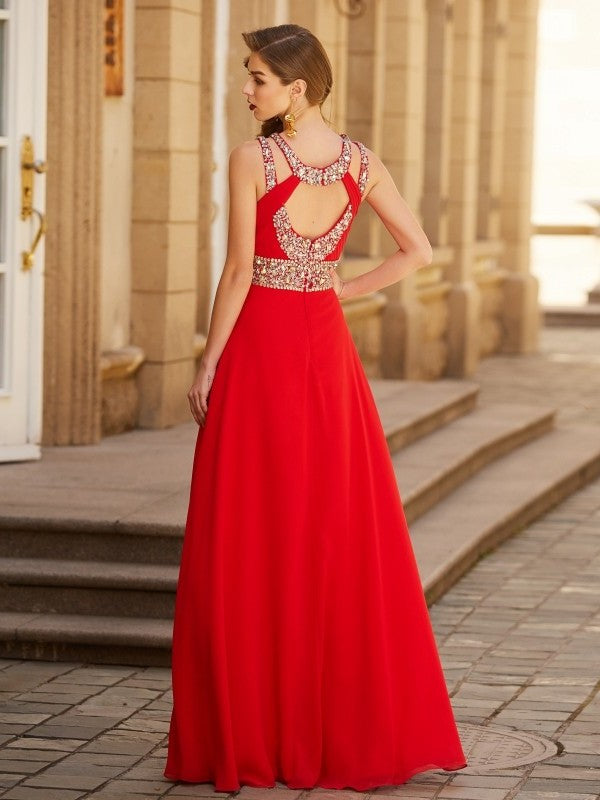 A-line/Princess Scoop Beading Sleeveless Floor-length Chiffon Dresses DFP0002093