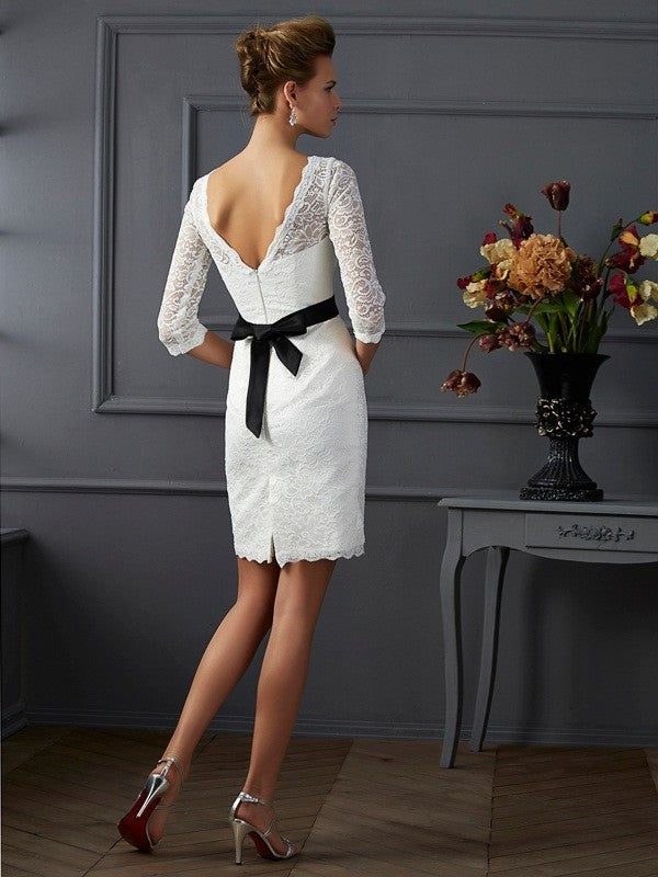 Sheath/Column Scoop 3/4 Sleeves Sash/Ribbon/Belt Short Lace Mother of the Bride Dresses DFP0007194