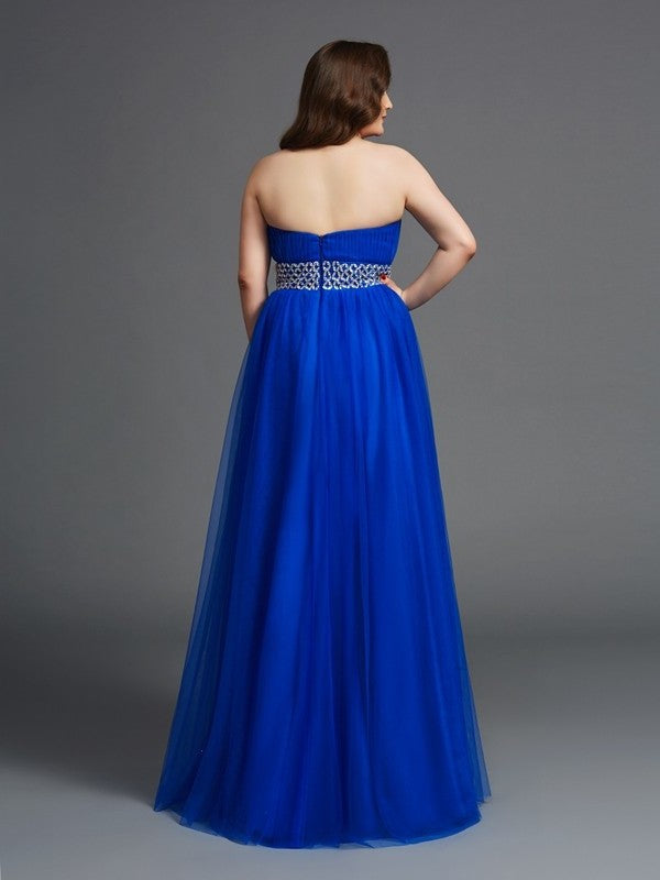 A-Line/Princess Strapless Rhinestone Sleeveless Long Net Plus Size Dresses DFP0003438