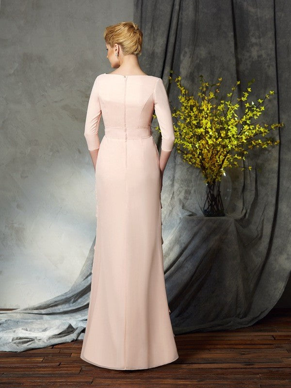 Sheath/Column V-neck Hand-Made Flower 3/4 Sleeves Long Chiffon Mother of the Bride Dresses DFP0007053