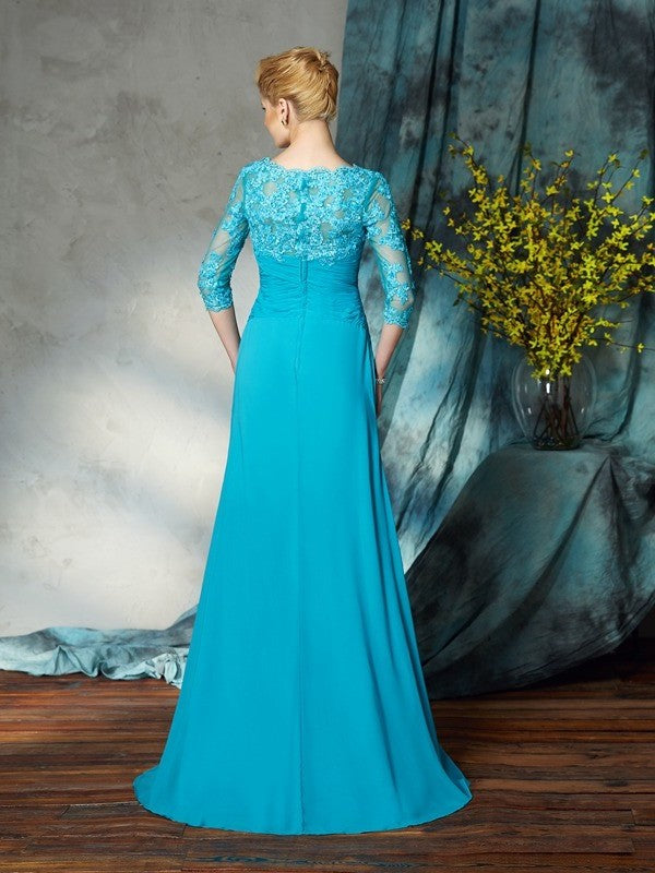 A-Line/Princess Bateau Applique 3/4 Sleeves Long Chiffon Mother of the Bride Dresses DFP0007256