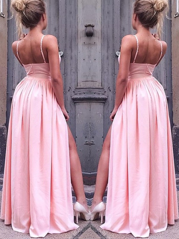 A-Line/Princess Sleeveless Straps Floor-Length Ruched Silk like Satin Dresses DFP0002107