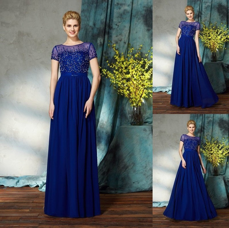 A-Line/Princess Scoop Beading Short Sleeves Long Chiffon Mother of the Bride Dresses DFP0007371