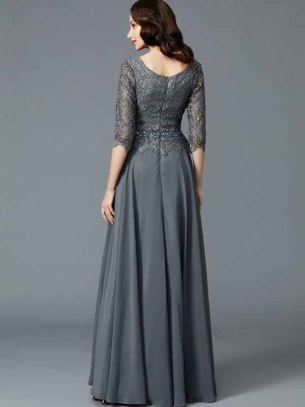 A-Line/Princess Scoop 1/2 Sleeves Chiffon Floor-Length Mother of the Bride Dresses DFP0007217