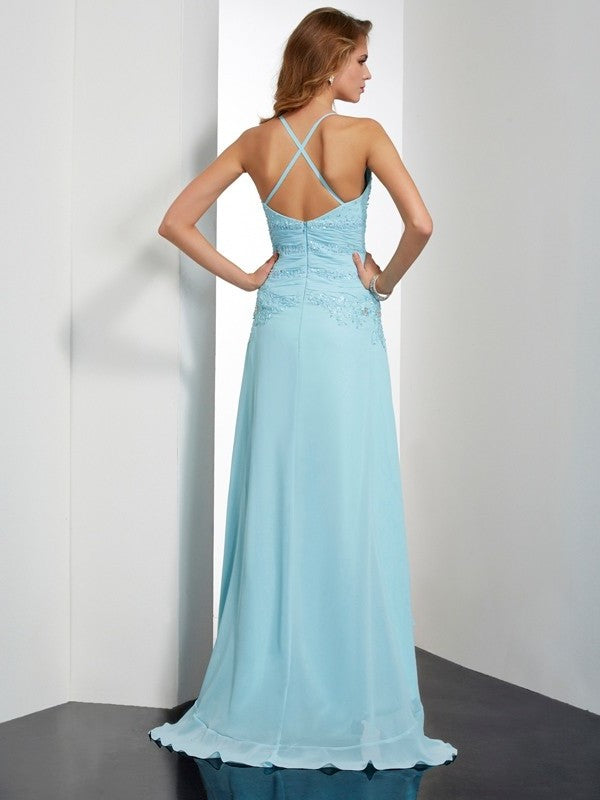 A-Line/Princess Spaghetti Straps Sleeveless Beading Crystal High Low Chiffon Dresses DFP0002815