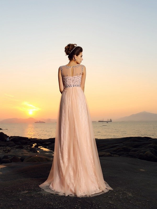 A-Line/Princess Bateau Lace Sleeveless Long Chiffon Dresses DFP0002648