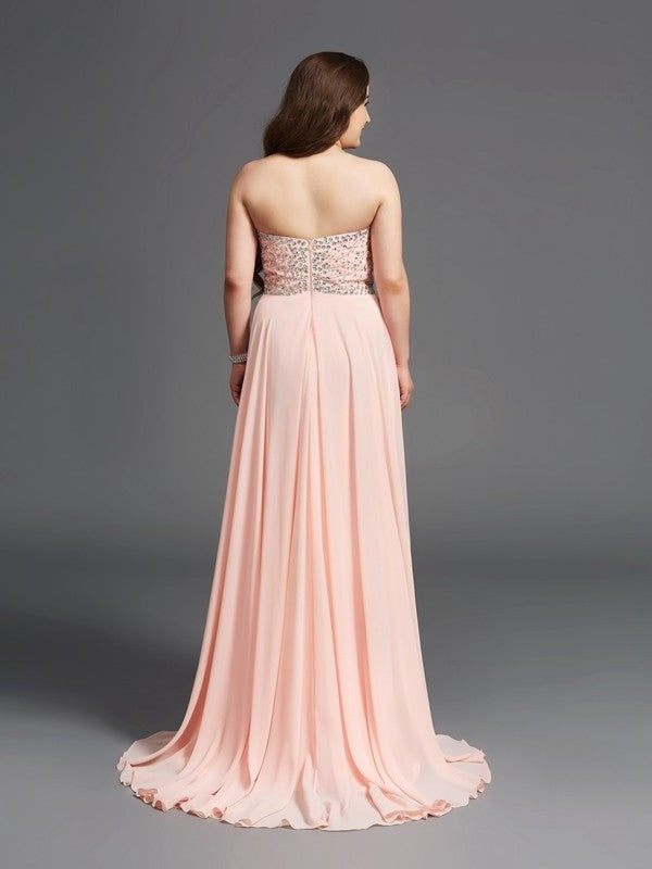 A-Line/Princess Sweetheart Beading Sleeveless Long Chiffon Plus Size Dresses DFP0003818