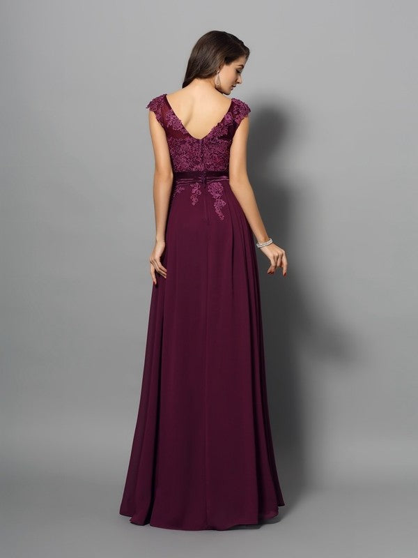 A-Line/Princess Scoop Applique Sleeveless Long Chiffon Dresses DFP0002318