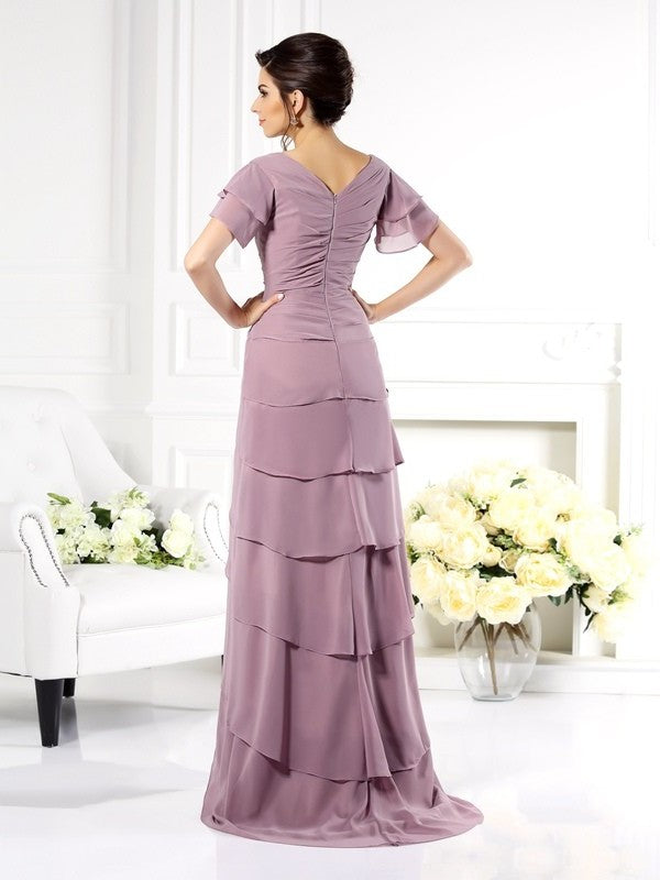 Sheath/Column V-neck Short Sleeves Long Chiffon Mother of the Bride Dresses DFP0007269