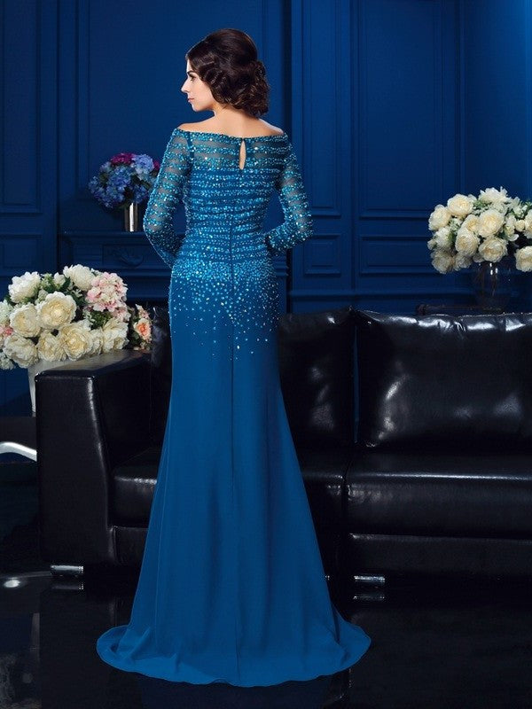 Sheath/Column Off-the-Shoulder Beading Long Sleeves Long Chiffon Mother of the Bride Dresses DFP0007158