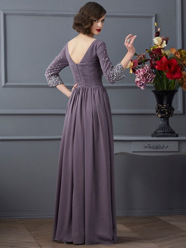 Sheath/Column V-neck 3/4 Sleeves Beading Long Chiffon Mother of the Bride Dresses DFP0007245