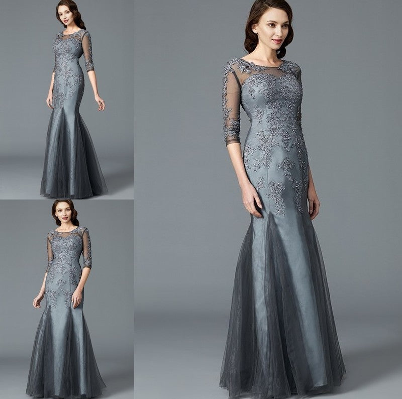 Sheath/Column Scoop Applique 1/2 Sleeves Tulle Floor-Length Mother of the Bride Dresses DFP0007147