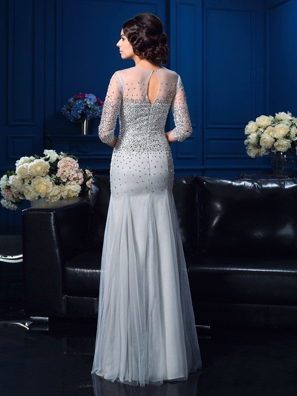 Sheath/Column Scoop Beading 3/4 Sleeves Long Net Mother of the Bride Dresses DFP0007137