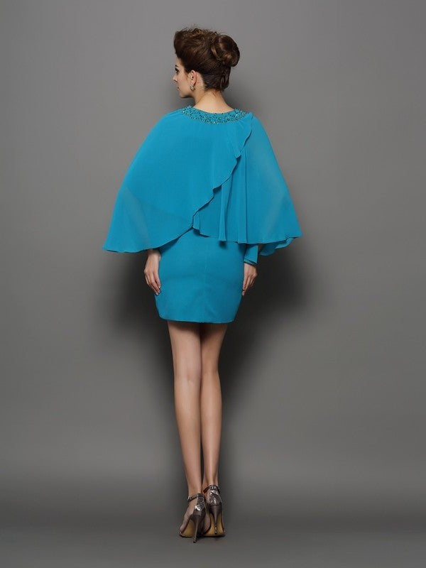 Sheath/Column Scoop Beading Long Sleeves Short Silk like Satin Mother of the Bride Dresses DFP0007434