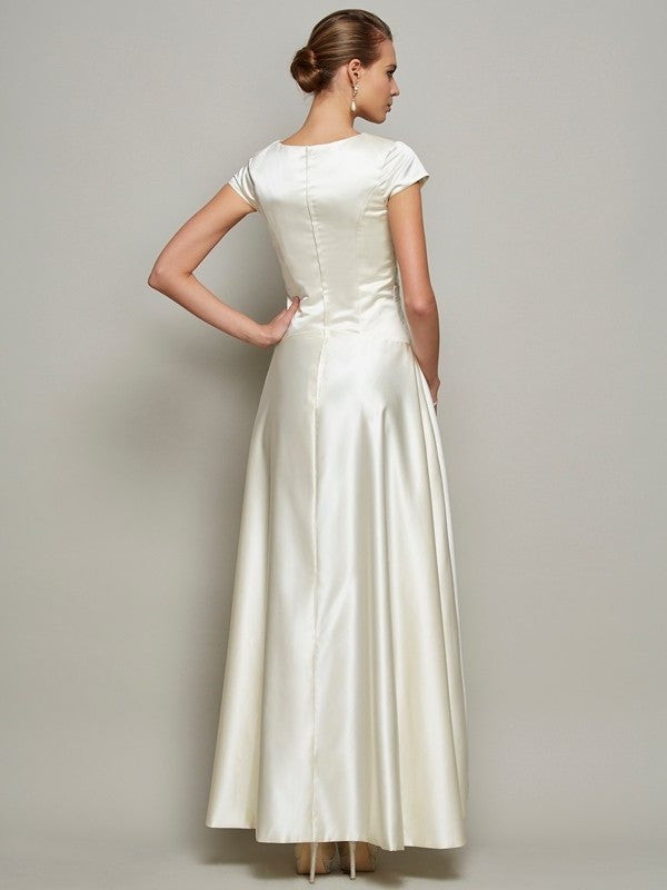 A-Line/Princess Scoop Short Sleeves Beading Long Satin Mother of the Bride Dresses DFP0007075