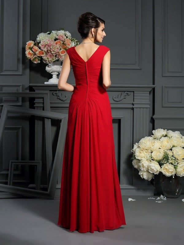 A-Line/Princess V-neck Hand-Made Flower Sleeveless Long Chiffon Mother of the Bride Dresses DFP0007227