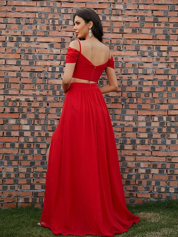 A-Line/Princess Chiffon Ruffles V-neck Sleeveless Sweep/Brush Train Two Piece Dresses DFP0001482