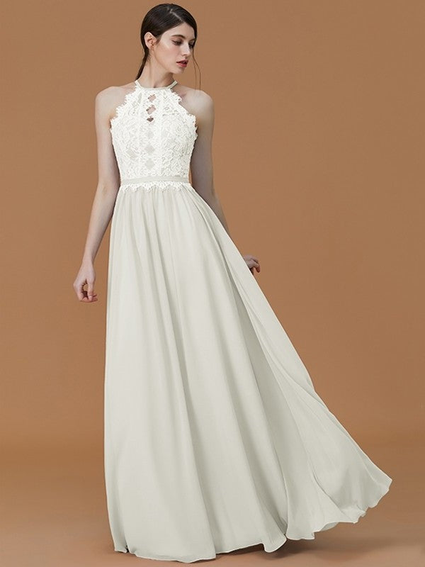 A-Line/Princess Halter Sleeveless Floor-Length Lace Chiffon Bridesmaid Dresses DFP0005137