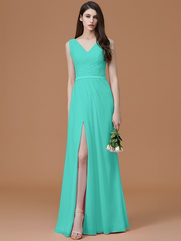 A-Line/Princess V-neck Sleeveless Floor-Length Ruched Chiffon Bridesmaid Dresses DFP0005284