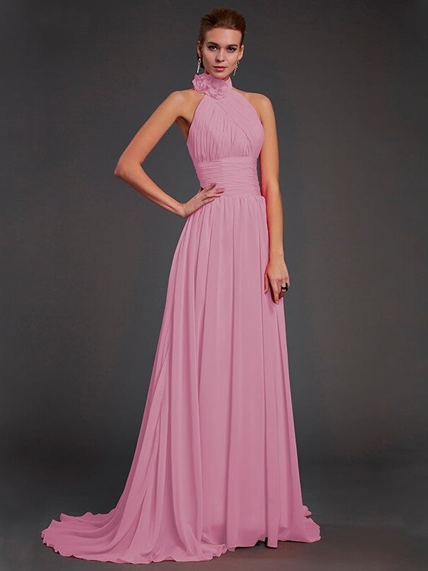 A-Line/Princess Halter Sleeveless Hand-Made Flower Long Chiffon Bridesmaid Dresses DFP0004909