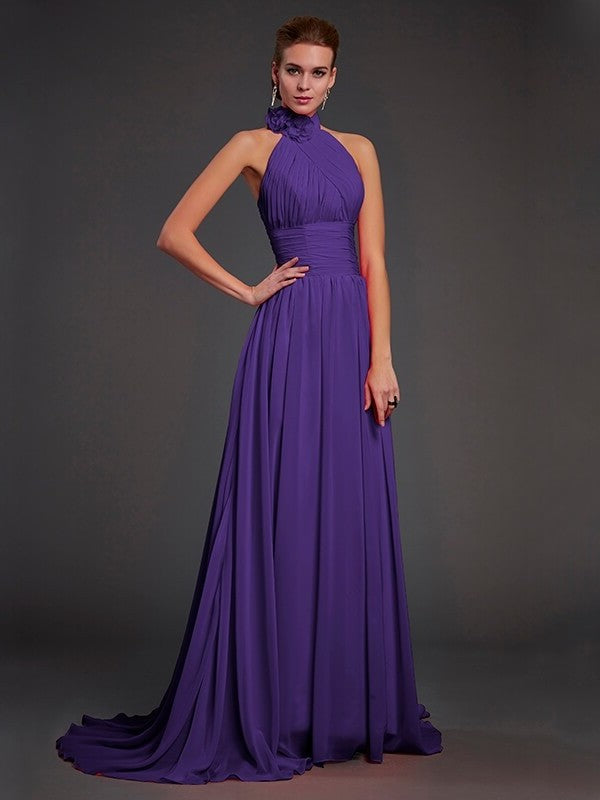 A-Line/Princess Halter Sleeveless Hand-Made Flower Long Chiffon Bridesmaid Dresses DFP0004909