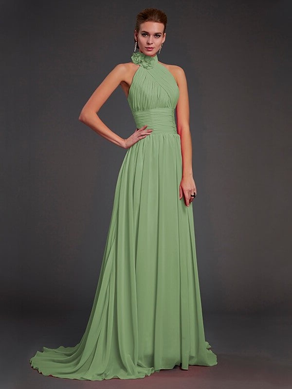 A-Line/Princess Halter Sleeveless Hand-Made Flower Long Chiffon Bridesmaid Dresses DFP0004909