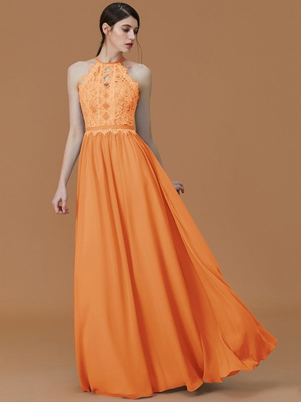 A-Line/Princess Halter Sleeveless Floor-Length Lace Chiffon Bridesmaid Dresses DFP0005137