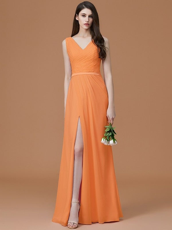 A-Line/Princess V-neck Sleeveless Floor-Length Ruched Chiffon Bridesmaid Dresses DFP0005284