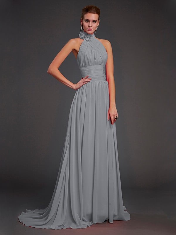 A-Line/Princess Halter Sleeveless Hand-Made Flower Long Chiffon Bridesmaid Dresses DFP0004909