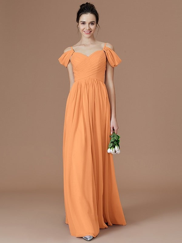 A-Line/Princess Off-the-Shoulder Sleeveless Ruched Floor-Length Chiffon Bridesmaid Dresses DFP0005324