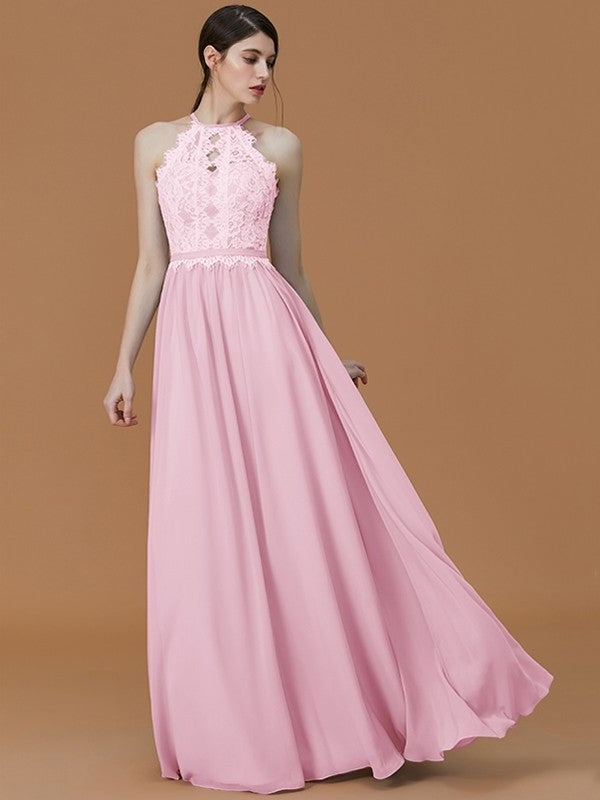 A-Line/Princess Halter Sleeveless Floor-Length Lace Chiffon Bridesmaid Dresses DFP0005137