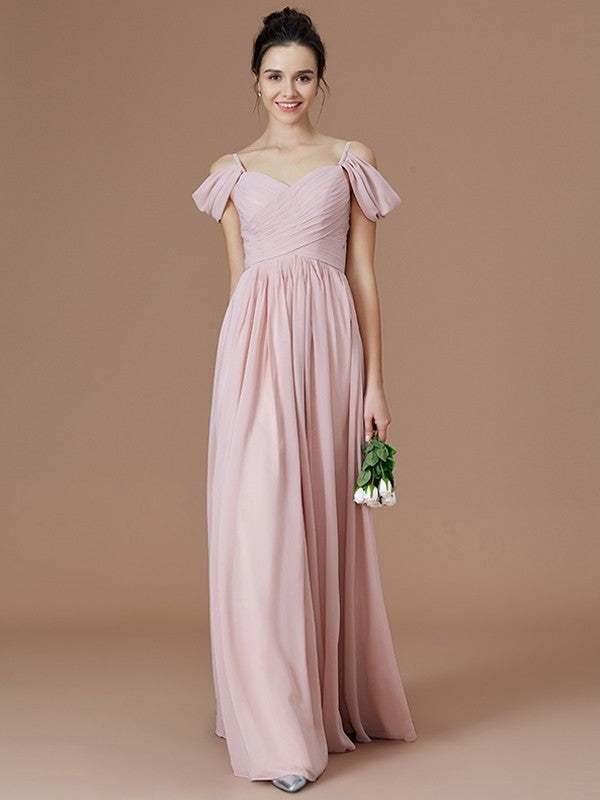 A-Line/Princess Off-the-Shoulder Sleeveless Ruched Floor-Length Chiffon Bridesmaid Dresses DFP0005324