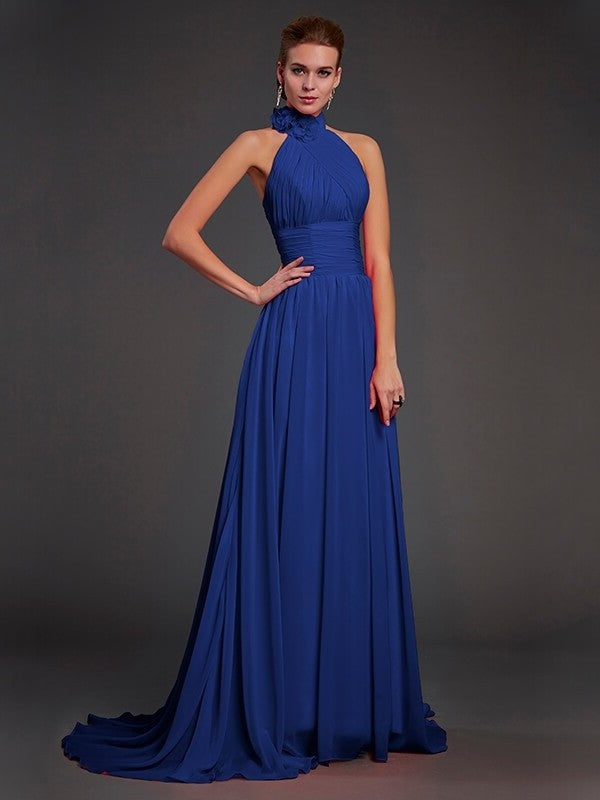 A-Line/Princess Halter Sleeveless Hand-Made Flower Long Chiffon Bridesmaid Dresses DFP0004909