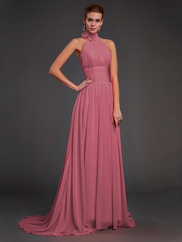 A-Line/Princess Halter Sleeveless Hand-Made Flower Long Chiffon Bridesmaid Dresses DFP0004909