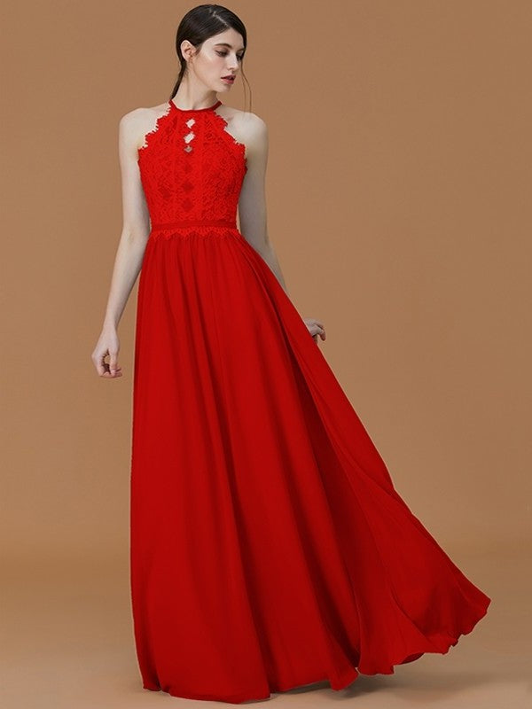 A-Line/Princess Halter Sleeveless Floor-Length Lace Chiffon Bridesmaid Dresses DFP0005137