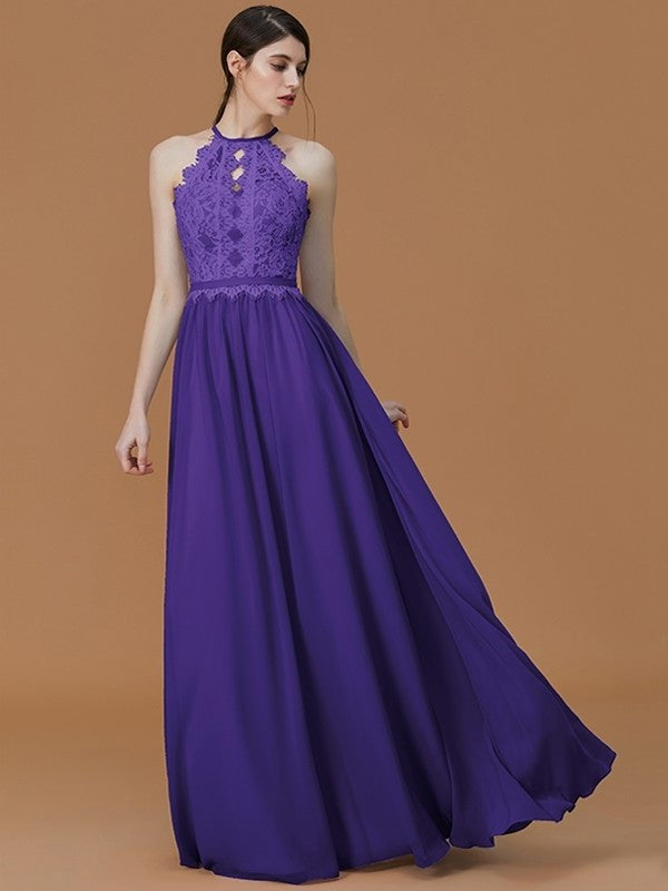 A-Line/Princess Halter Sleeveless Floor-Length Lace Chiffon Bridesmaid Dresses DFP0005137